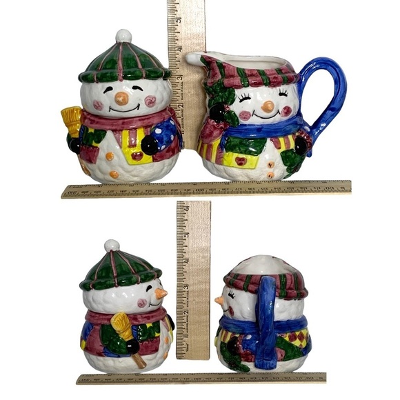 Vintage Snowman Cream Pitcher Sugar Bowl Set Artisan Ceramic Winter Christmas - Picture 13 of 16